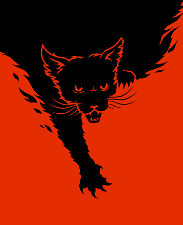 Stylized silhouette of angry black cat and fire flames - cut out vector image