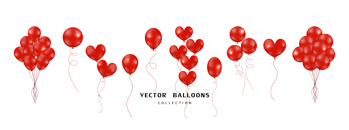 Big set of Red shiny balloons in different styles floating isolated on white background. Vector illustration.