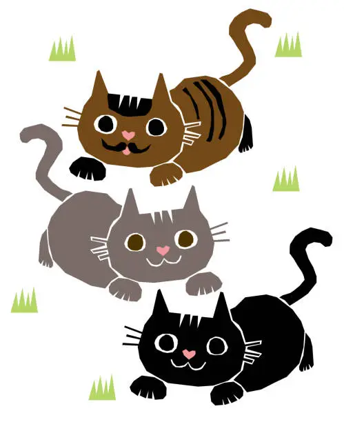 Vector illustration of cute paper cutting style three cats playing on lawn vector illustration