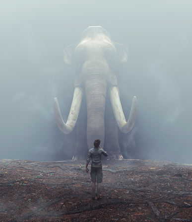 Man in a foggy forest standing in front of a mammoth . Journey and escape concept . This is a 3d render illustration .