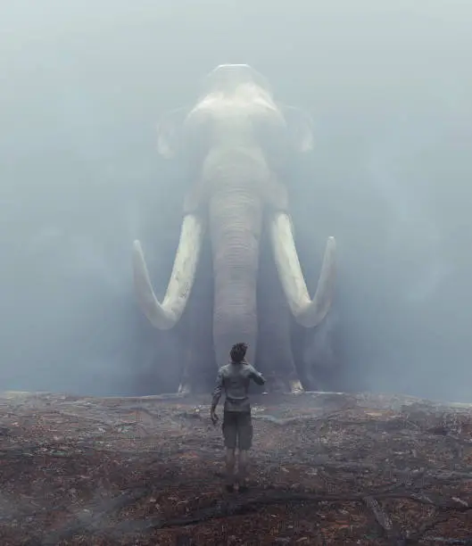 Man in a foggy forest standing in front of a mammoth . Journey and escape concept . This is a 3d render illustration .