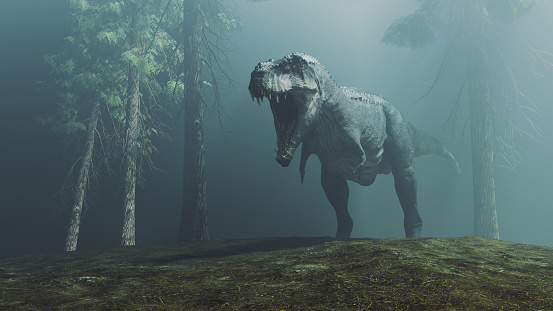 T rex in a dark foggy forest . This is a 3d render illustration .
