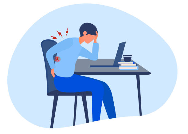 Businessman suffering from back pain by office syndrome from sitting and work too long vector illustration Businessman suffering from back pain by office syndrome from sitting and work too long vector illustration back pain stock illustrations