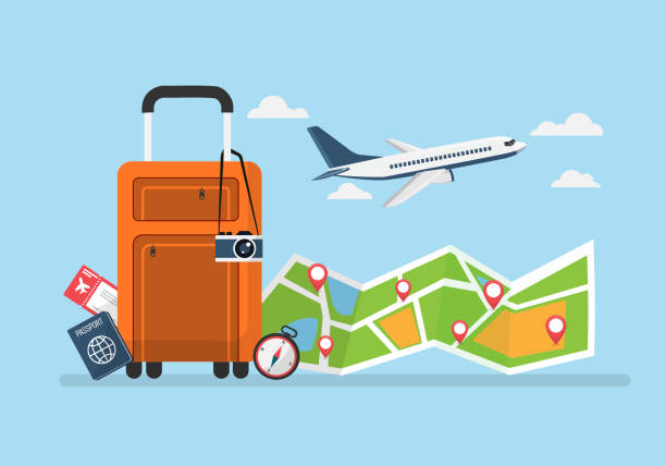 luggage travel with location around the world. travel and tourism concept. airplane fly on map with pin. passport, ticket tourism journey holiday. Road trip vacation. vector illustration flat style. luggage travel with location around the world. travel and tourism concept. airplane fly on map with pin. passport, ticket tourism journey holiday. Road trip vacation. vector illustration flat style. plane hand tool stock illustrations