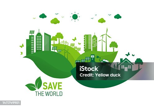 istock save ecosystem environment and energy on leaf. green ecology friendly city sustainable. eco family sustainable. solar cell and wind power. Earth nature day. vector illustration in flat style. 1411749901
