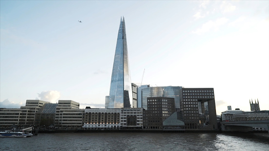 View of the Shard London Bridge, he second-tallest free-standing structure in the United Kingdom. Action. Amazing London landmarks
