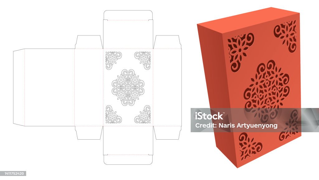 Box with stenciled pattern die cut template and 3D mockup Blank stock vector Box with stenciled pattern die cut template and 3D mockup Blank stock vector