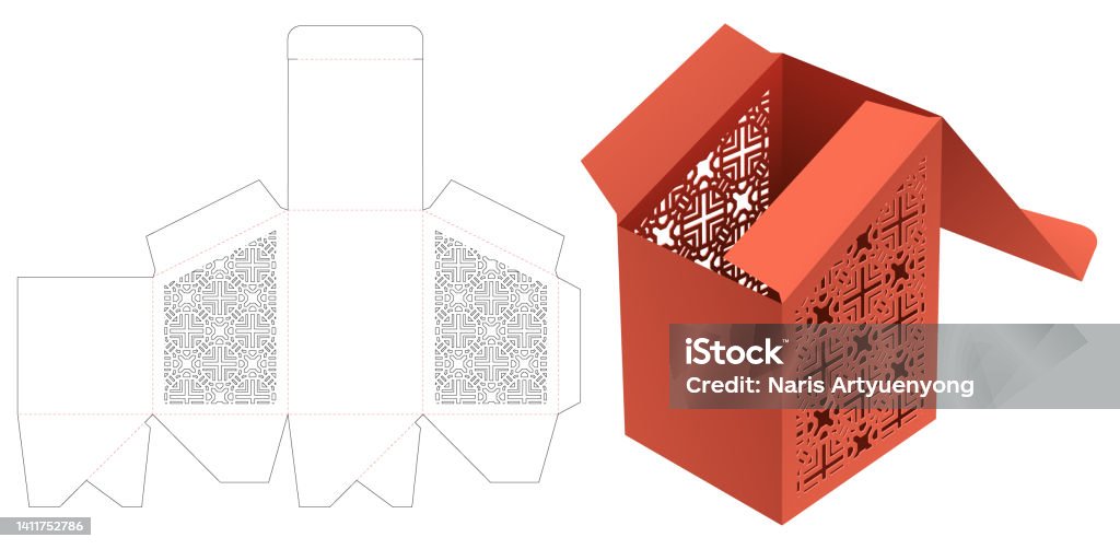 Deconstructed Box Pattern Sloped Packaging Box With Stenciled Pattern Die Cut Template And 3d ...
