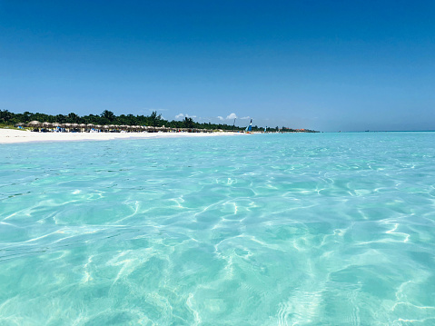 Light blue clear transparent water in a sunny day on Varadero beach, Cuba
