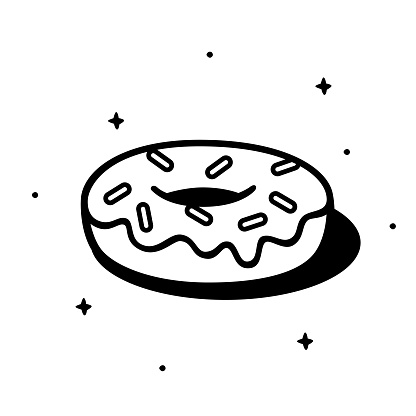 Vector illustration of a hand drawn black and white donut against a white background.
