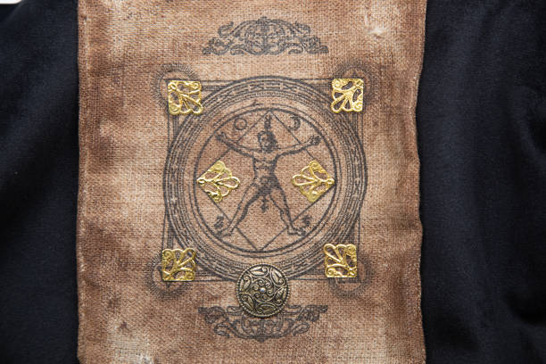 istock Ancient esoteric witchcraft background. Occultims and paganism old symbol, with mysterious runes alphabet 1411756525