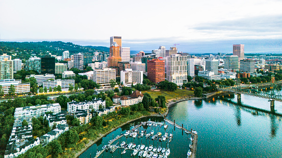 an aerial photography of downtown portland as seen from above the broadway bridge
