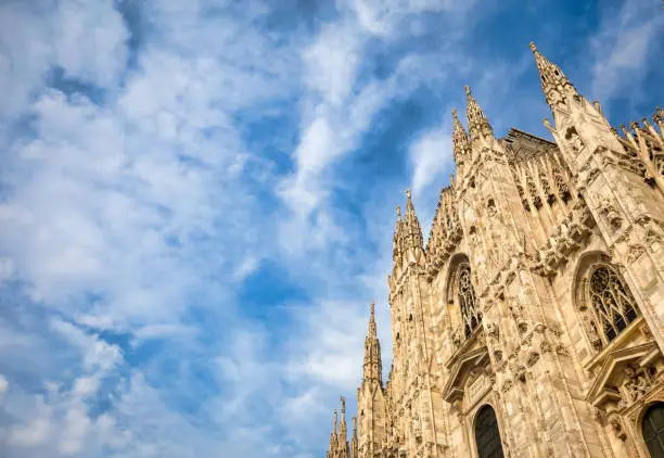 Milan Cathedral (Duomo di Milano) with copy space for text. Blue sky background and sunset light.