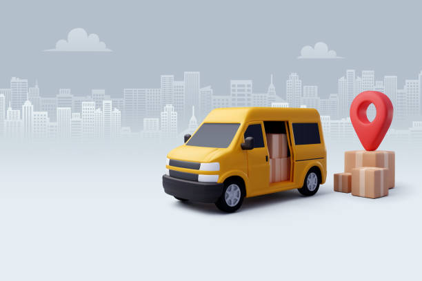 3d vector delivery van with box cargo, delivery and online shopping concept. - kurye stock illustrations