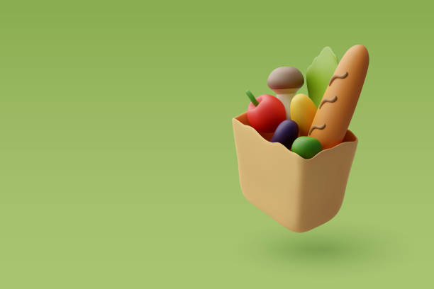 ilustrações de stock, clip art, desenhos animados e ícones de 3d vector bag of healthy food, organic fresh and natural food. grocery delivery concept. - supermercado 3d