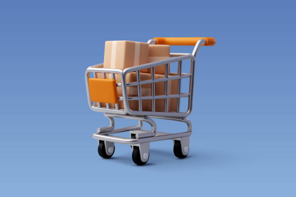 ilustrações, clipart, desenhos animados e ícones de 3d vector shopping trolley com caixas de encomendas, conceito de compras online. - carrinho de compras