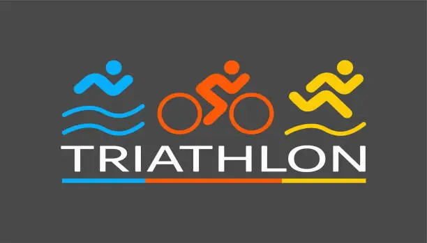 Vector illustration of Icon on the theme of sport, triathlon. Silhouettes of athletes, swimmer, cyclist, runner.