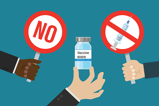 Anti vax movement. Hand holds vial with Covid-19 vaccine, other hands with red placard with - stop sign. No vax. Anti vaccination protest. Vaccine refusal, mandatory immunization. Vector illustration