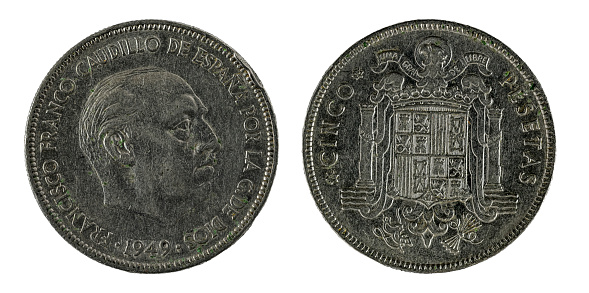 Spanish coins - 5 pesetas, Francisco Franco. Minted in the year 1949.