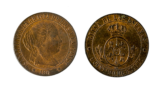 Spanish coins - 1 cent of a shield, Elizabeth II. Minted in copper from the year 1866.