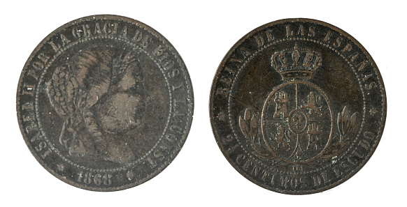 Spanish coins - two and a half centimos de escudo, Isabel II. Minted in copper from the year 1868.