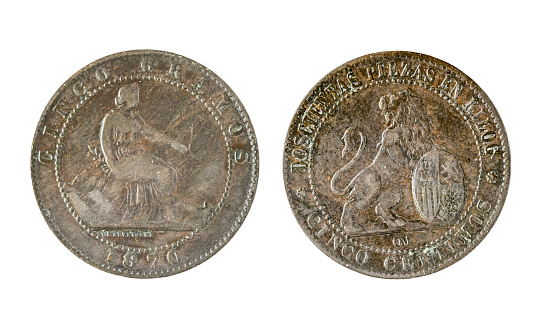 Spanish coins - 5 cents, Provisional Government. Minted in copper from the year 1870.