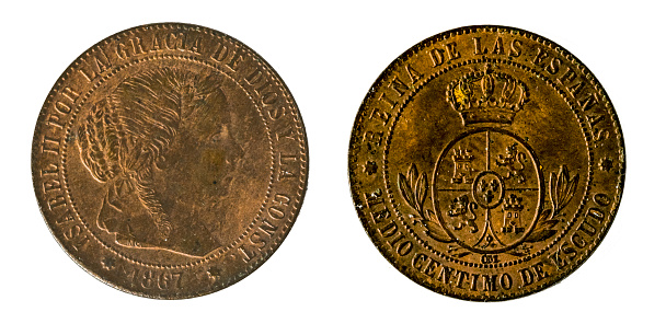 Spanish coins - Half a cent of a shield, Elizabeth II. Minted in copper in the year 1867.