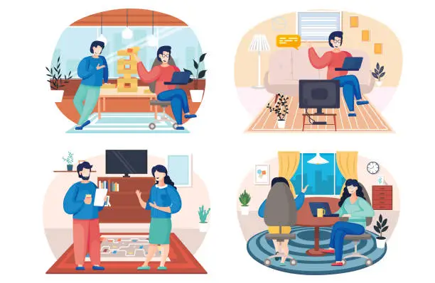 Vector illustration of People at home, family members talking together in the room. Home livingroom with cozy interior