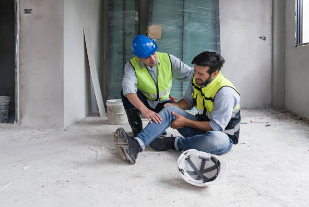 der junge kaukasische mann in der sicherheitsweste umklammerte sein knie und schrie vor schmerzen. aufgrund von verletzungen auf der baustelle. sein asiatischer freund kommt und hilft ihm zu stehen. - insurance healthcare and medicine industry damaged stock-fotos und bilder