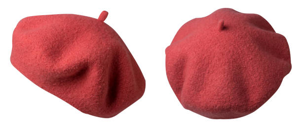 two red beret isolated on white background. hat female beret side view .