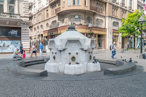 Belgrade, Serbia - June 7, 2022: Delijska Cesma fountain with drinking water.