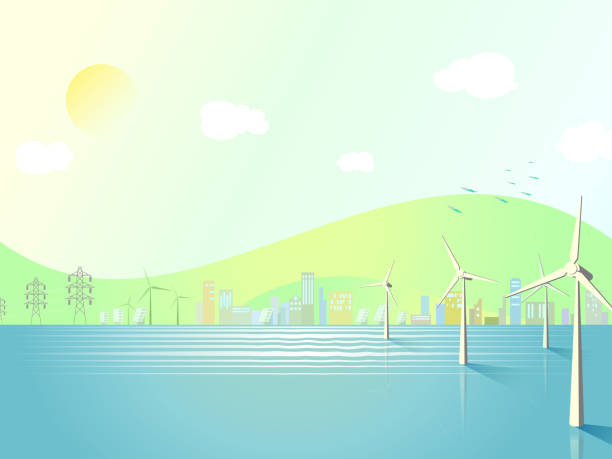 Under the sun 1 ECO community vector illustration graphic EPS10 Under the sun 1 ECO community with ECO element shows the environmental protection vector illustration graphic EPS10 wind farm sea stock illustrations
