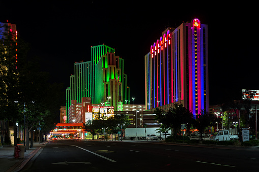 Reno, Nevada, USA - July 4th, 2022: Circus Circus and Eldorado resort, hotels and casino buildings illuminated at night