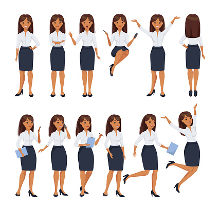 Office Woman Character in White Blouse and Skirt in Different Pose Vector Set