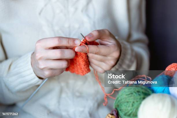 A Girl In A White Sweater Knits With Knitting Needles Womens Hands Knit With Knitting Needles Needlework Knitting Handmade Work Hobby Horizontal Photo Stock Photo - Download Image Now