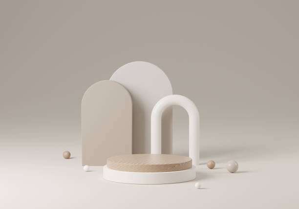 Wooden round corner pedestal podium, Product display podium in room, 3d rendering studio with geometric shapes, Cosmetic product minimal scene with platform, Stand to show products background podio de pedestal de esquina redonda de madera, podio de exhibición de productos en la habitación, estudio de renderizado 3d con formas geométricas, escena mínima de productos cosméticos con plataforma, soporte para mostrar el fondo de los productos