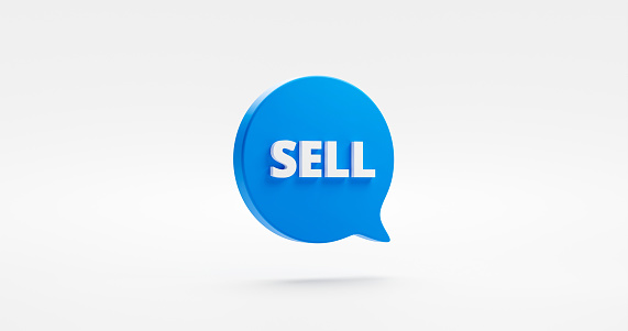 Sell 3d icon isolated on white background with blue message bubble symbol or buy e-commerce business market product payment sale price shop sign and investment trade stock purchase finance marketing.