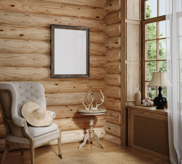 istock Home mockup, cozy log cabin interior background 1411773615