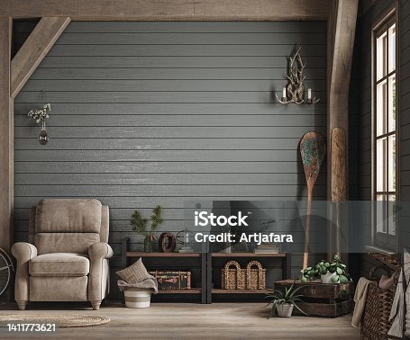 istock Home mockup, cozy barn interior background 1411773621