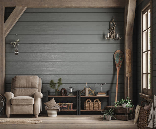 home mockup, cozy barn interior background - barn wood window farm imagens e fotografias de stock