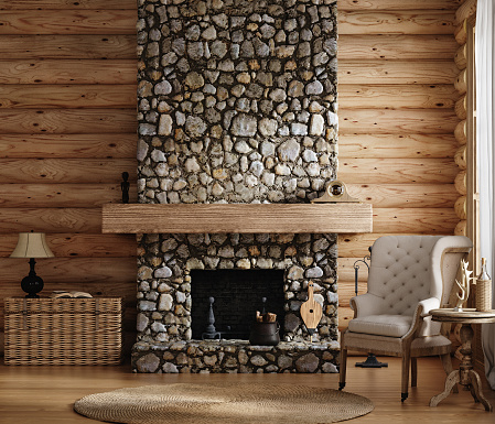 Home mockup, cozy log cabin interior background
