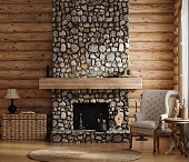 istock Home mockup, cozy log cabin interior background 1411773623