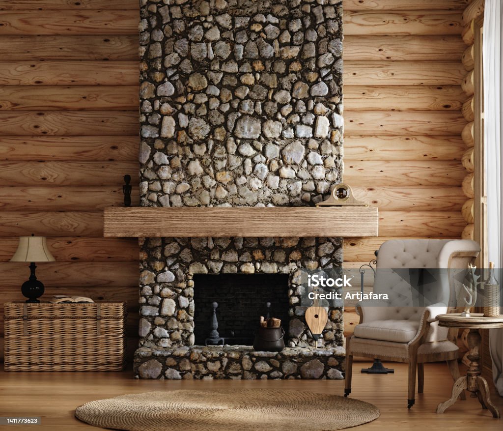 Home mockup, cozy log cabin interior background Home mockup, cozy log cabin interior background, 3d render Fireplace Stock Photo