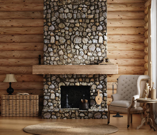 Home mockup, cozy log cabin interior background stock photo