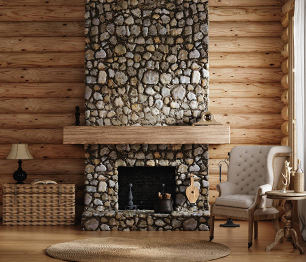 home mockup, cozy log cabin interior background - cabin imagens e fotografias de stock