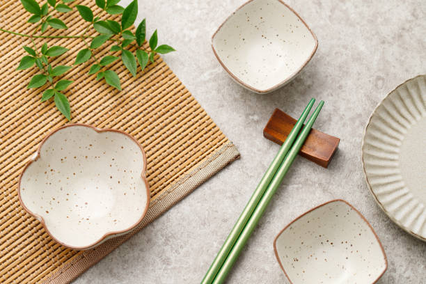 istock A table with Japanese plates and chopsticks. Japanese food image.Flat lay. 1411773628