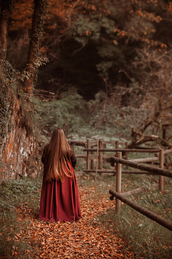 woman witch in a black cloak looks into the woods from a mountain covered with grass
