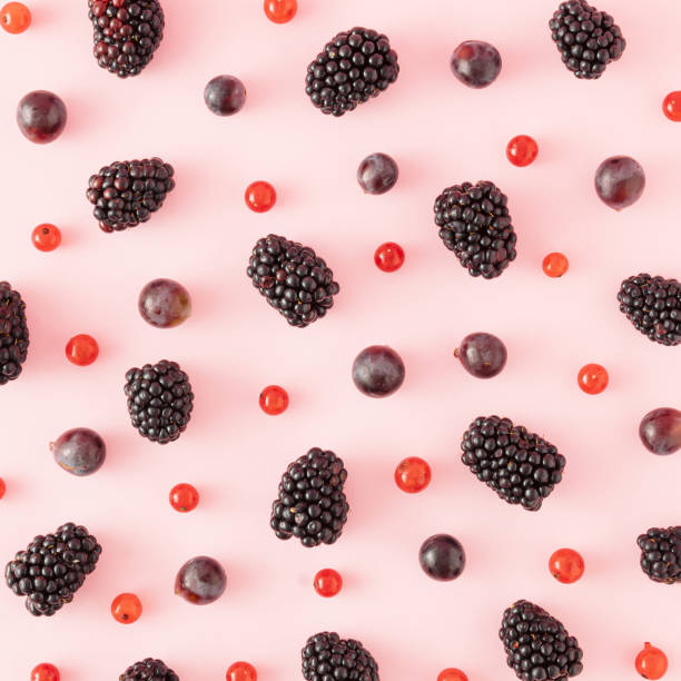 istock Creative minimal pattern made of ripe blackberries, currants and black fragrant grapes on a pink background. Minimal flat lay concept. Summer, berries and fruit inspiration. 1411774123