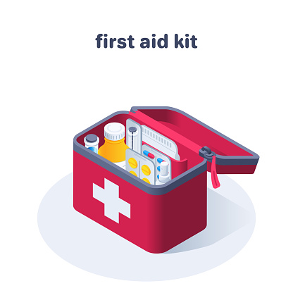 isometric vector illustration isolated on white background, first aid kit icon with medicines