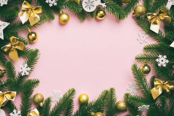 istock Christmas background with fir branches and Christmas decor. Top view, copy space for text 1411776144